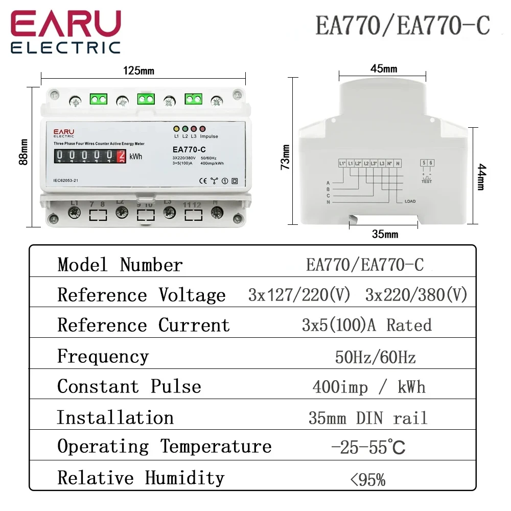 Imagem -03 - Medidor de Energia Ativa Eelectronic Trifásico Fios Monitor de Consumo de Energia Kwh Trilho Din 50hz 60hz 3*5100a 50 60hz Led Lcd