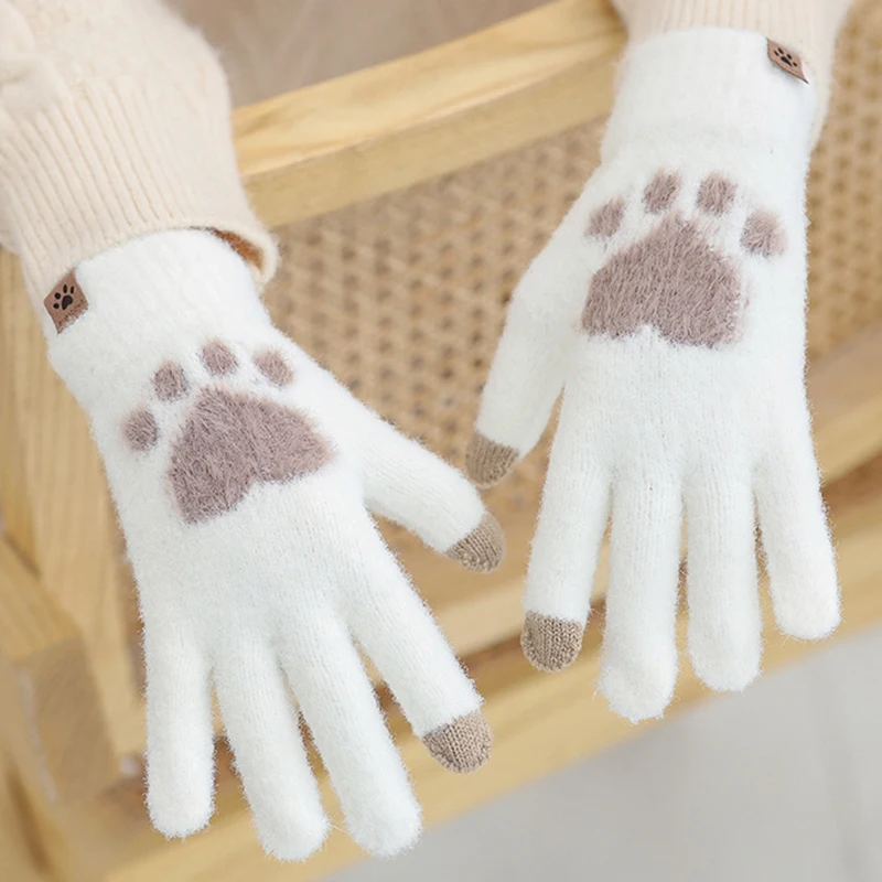 

Fashion Cat Paw Printing Gloves Mobile Phone Touchscreen Knitted Gloves Mittens Winter Thick Warm Adult Soft Fluffy Gloves Women