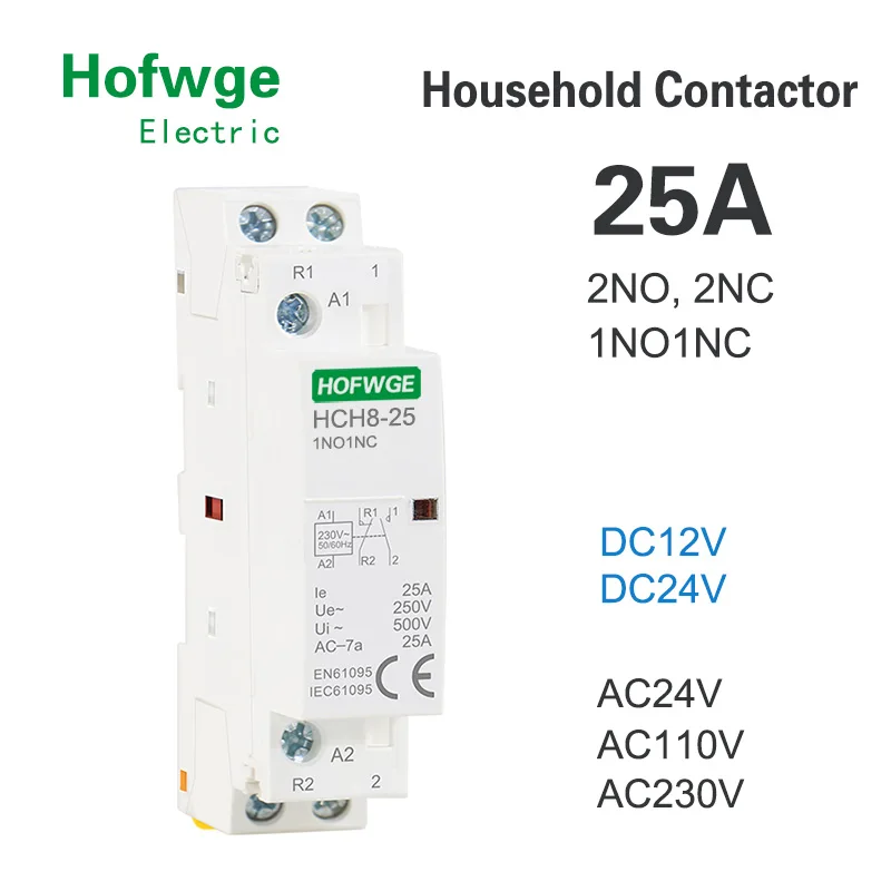 Contactor Modular HCH8-25 2P 16A 20A 25A 2NO o 2NC 1NO1NC 24V 110V 220V, Contactor doméstico automático tipo carril Din