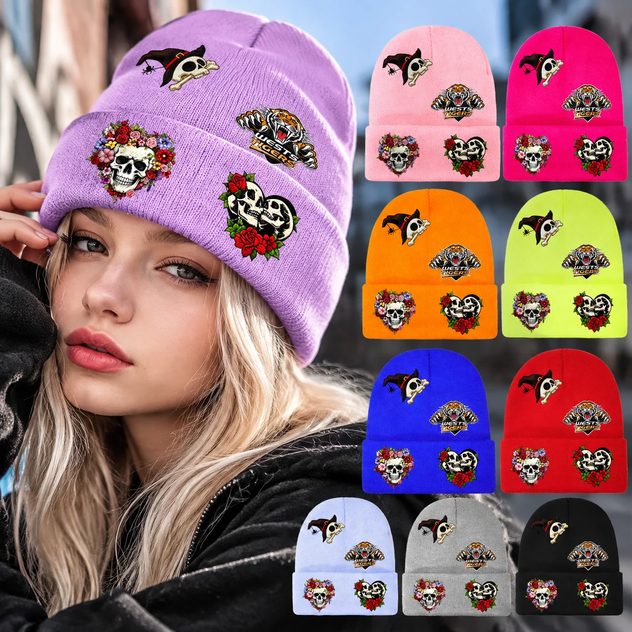 1PC Black skull rose print knitted hat, unisex street punk style woolen hat, versatile warm pullover hat for autumn and winter