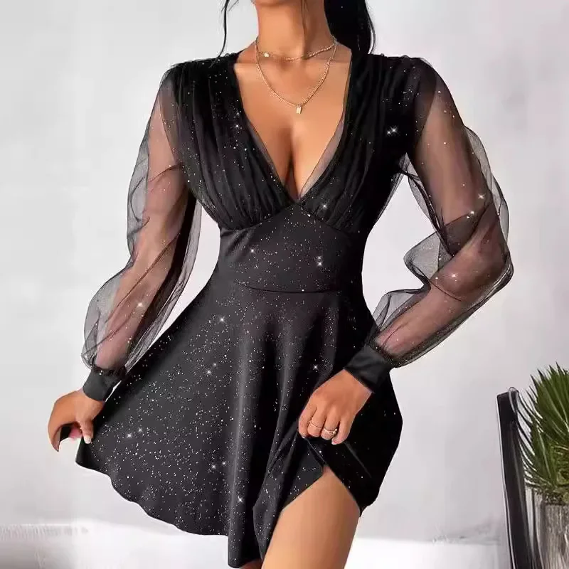 Women Midi Dress Mesh Long Sleeves Sexy Hot V-Neck Sequins Embellishments Sleek Slim Fit Holiday Beach Fashion Party