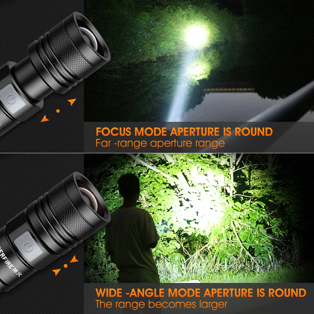 SUPERFIRE A2-S Powerful LED Flashlight Zoomable Tail USB Charging Waterproof Torch for Camping 5 Lighting Mode 26650 Battery