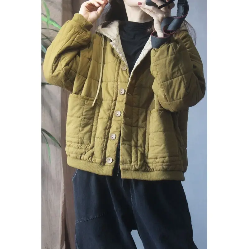 Retro Contrasting Color Hooded Commuting Plaid Small Cotton Jacket for Women New Loose and Thick Cotton Jacket