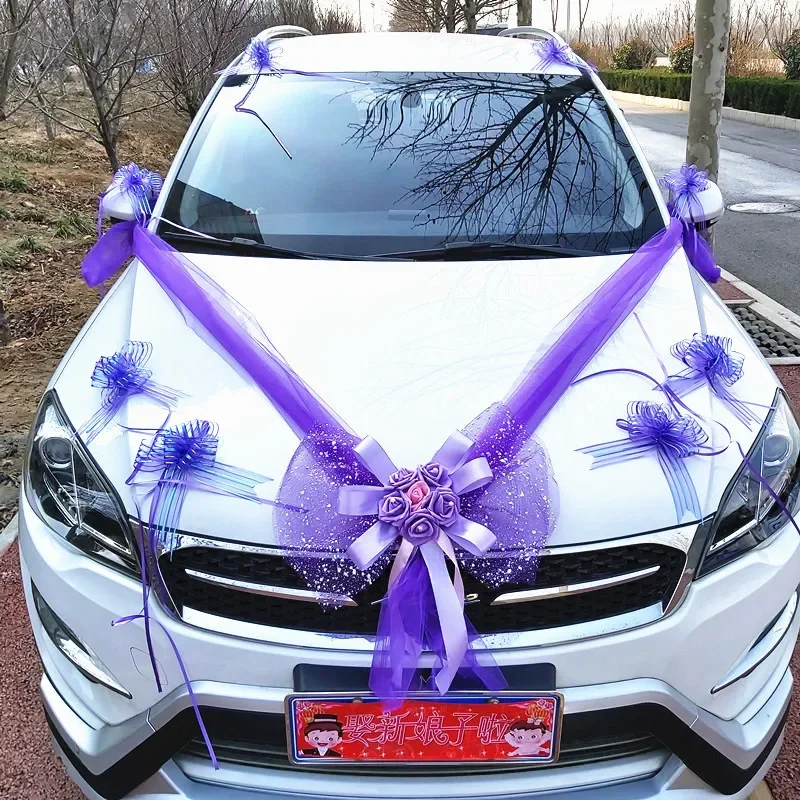 

Wedding Car Decoration Flower Set Cover Door Handle Ribbons Silk Flower Garland With Tulle Rose Accessory Wed Decor2023