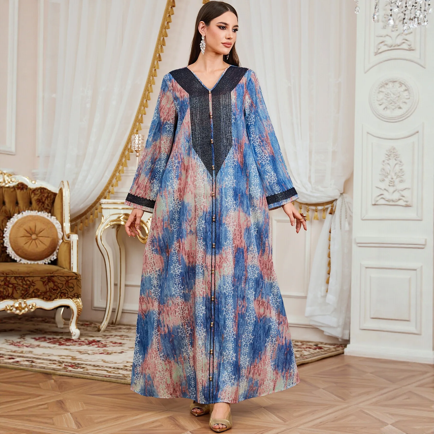 

New Printed Long Robe Dress For Women, Loose V-neck, Long-sleeved, Elegant And Stylish Turkish-style Women's Clothing Elegant