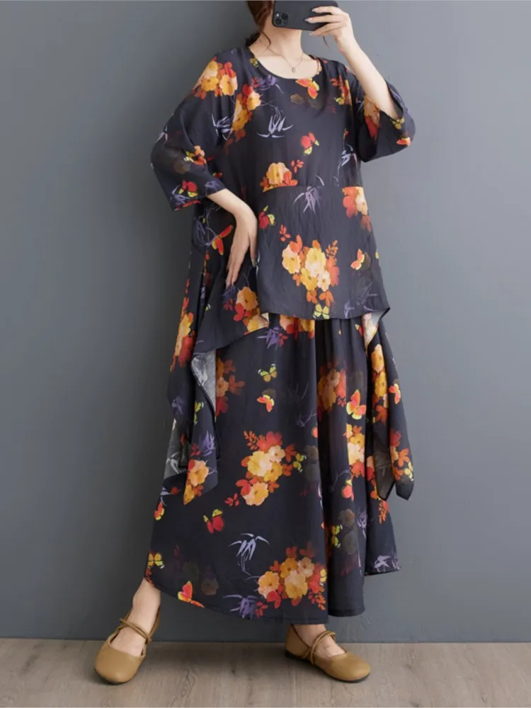 Übergroßes Sommerblumen-2-Zweiteiler-Set für Damen, T-Shirt, modisch, unregelmäßige Damenblusen, lockere Damenhose mit weitem Bein