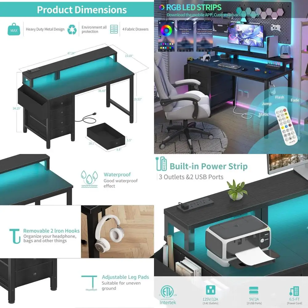 

LED-Illuminated 47 Gaming Desk with Power Outlets and Fabric Drawers, Black Reversible Office Desk with Monitor Stand