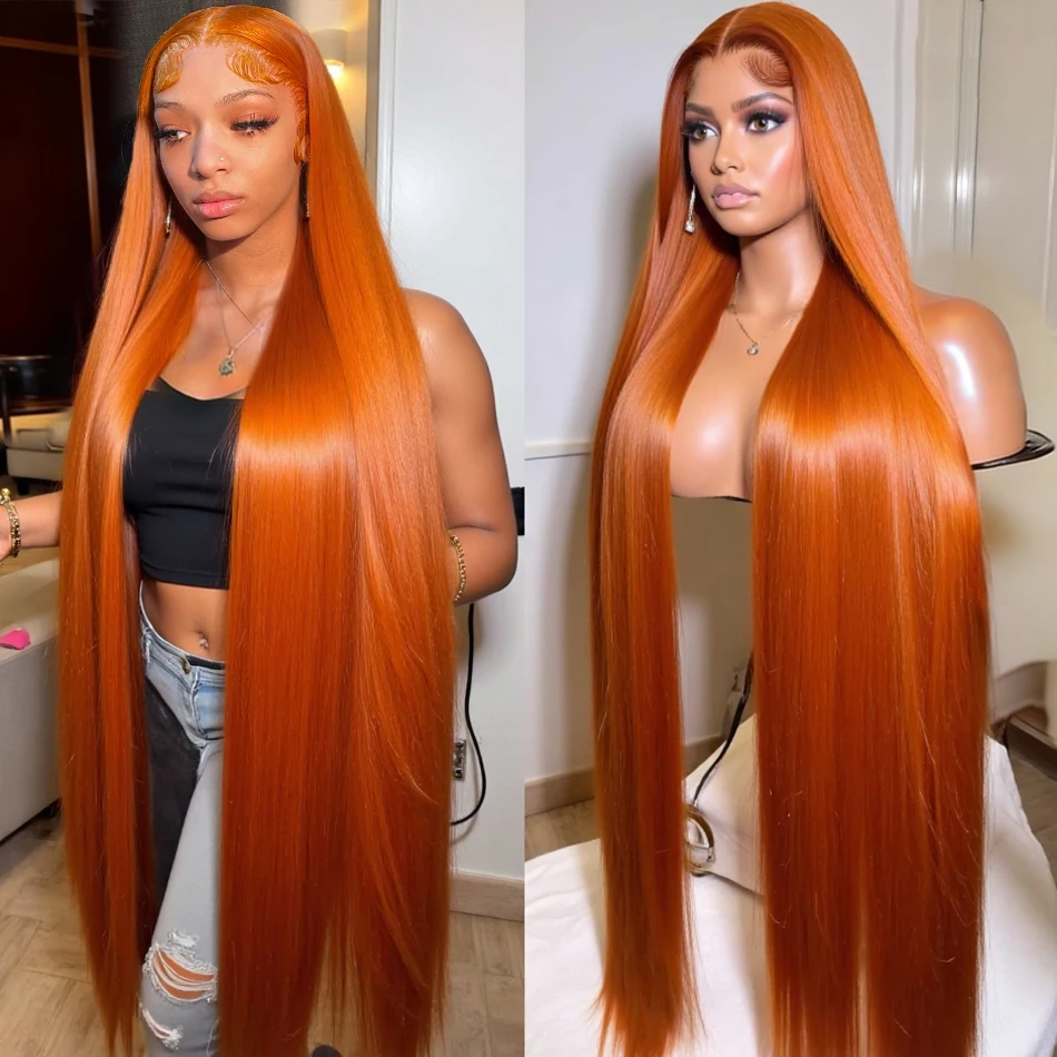 Pelucas de cabello humano liso de jengibre de 200% de densidad, pelucas de cabello humano Frontal de encaje HD 13x6 prearrancadas para mujeres brasileñas