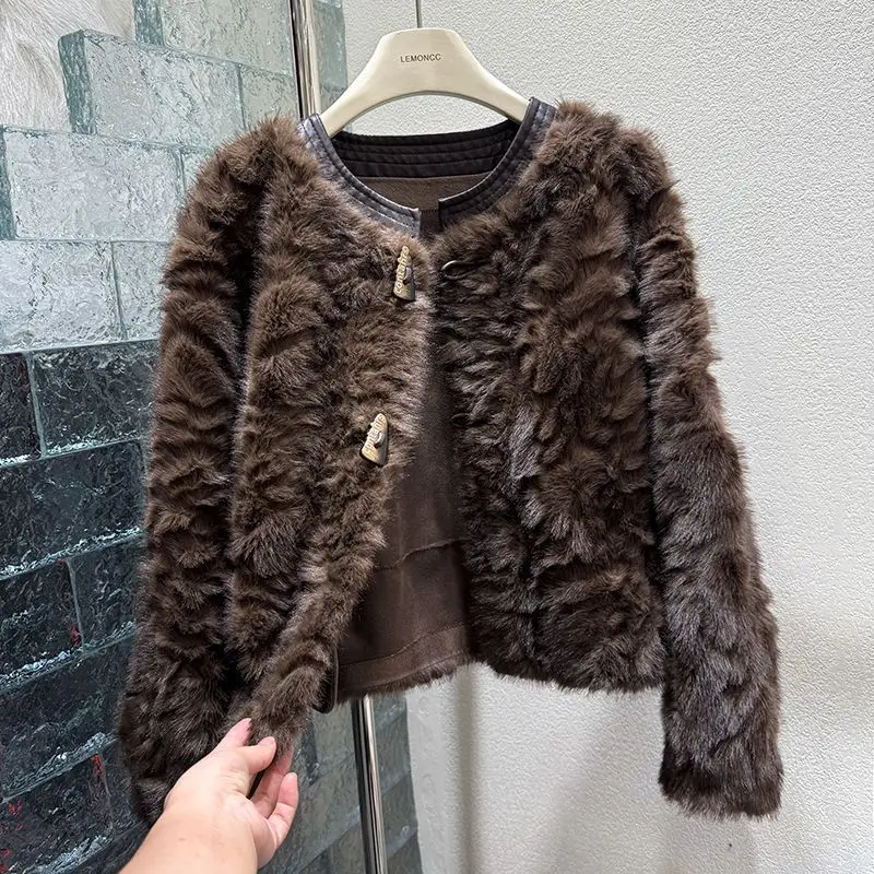 2026 Autumn Winter Womens Faux Fur Short Coat, Elegant Crew Neck Horn Button Plush Jacket, Fashion Warm Furry Cropped Outerwear