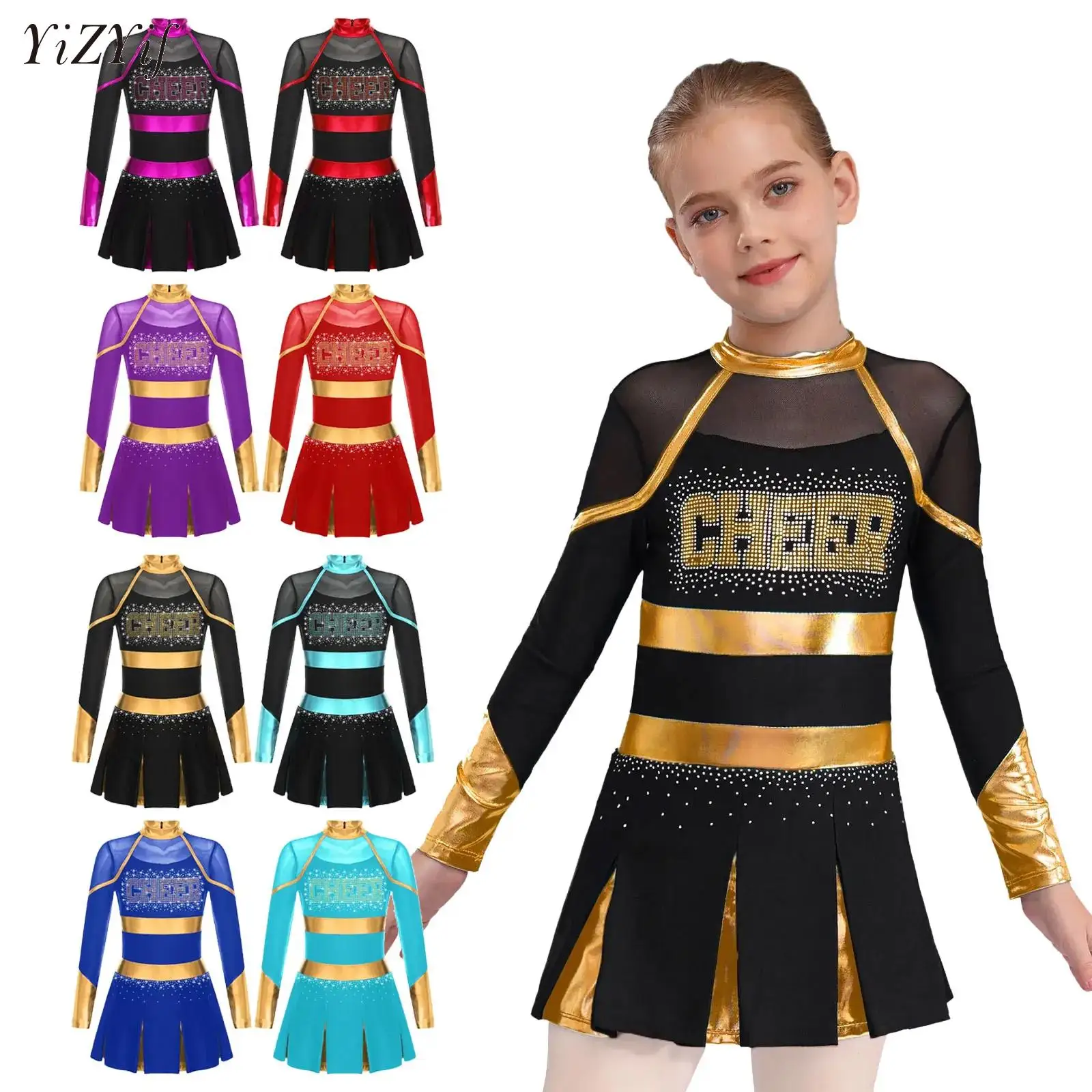 

Big Girls Cheerleading Dance Costume Shiny Rhinestones Cheer Print Metallic Long Sleeve Pleated Dress School Performance Clothes