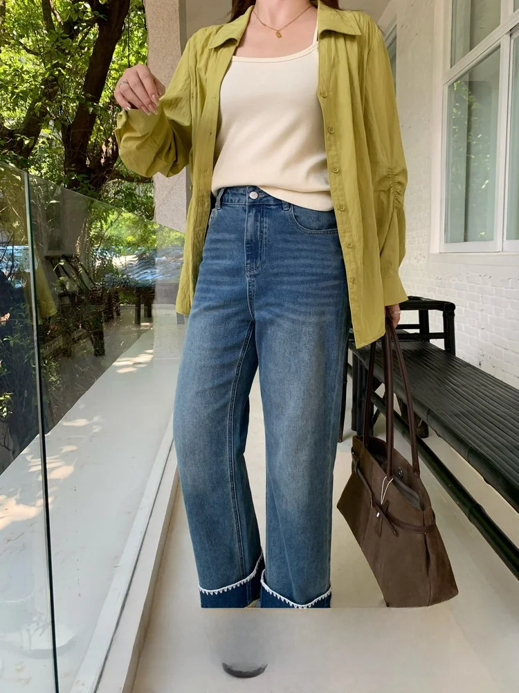 

High Waist Straight Leg Jeans plus Size Women Slimming Faionable Casual Blue Cotton Straight Cut Jeans for Plump Sister