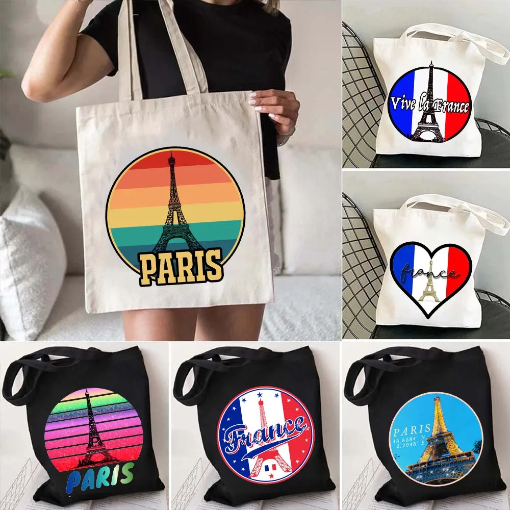 Vintage Rainbow Pop France Eiffel Tower Retro Sunset Paris Love Heart Harajuku Tote Bag Shopping Bag Womens Shopper Cute Handbag