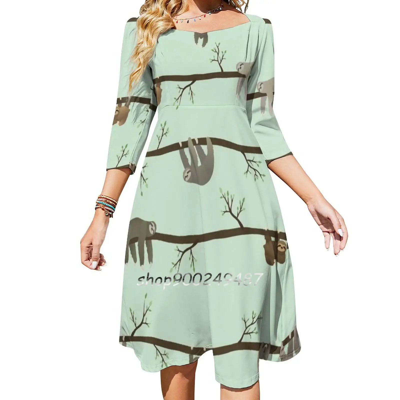 

Sloths Flare Dress Square Neck Dress Elegant Female Fashion Printed Dress Sloth Sloths Animal Animals Nature Wildlife Pattern