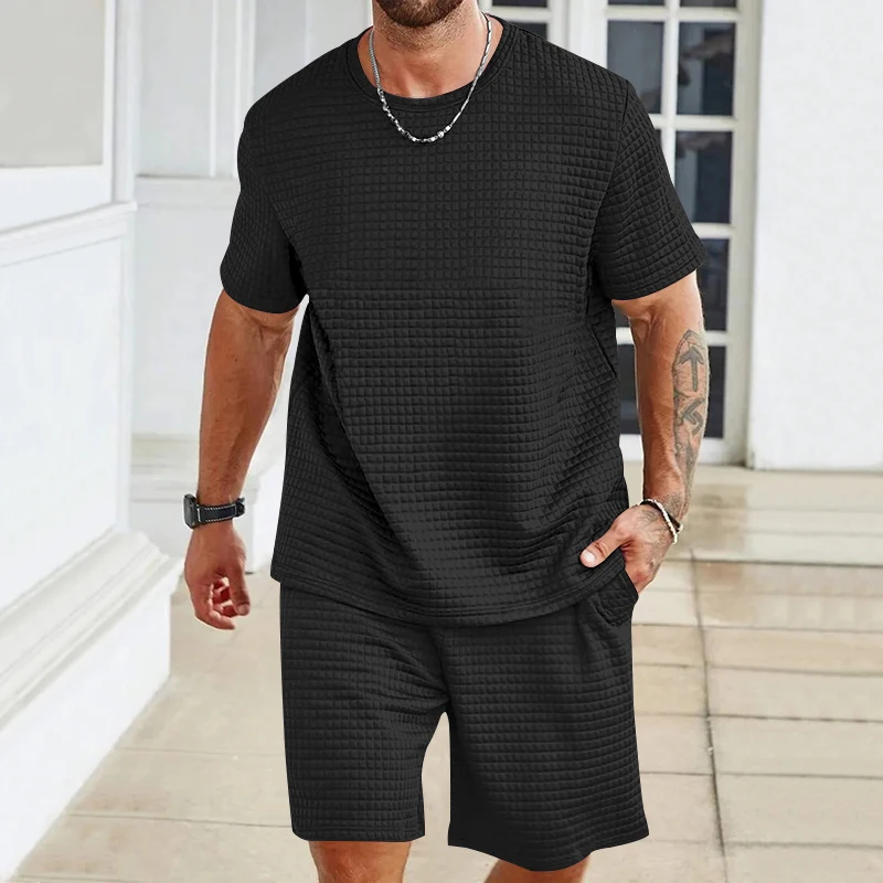 Summer Fashion Men\'s Set Jacquard Texture Men\'s Wear Crew-neck Short-sleeved T-shirt And Short Two-piece Set Free Shipping