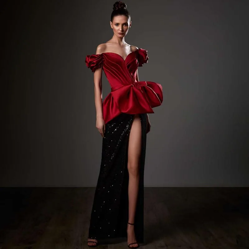 

Off Shoulder Red & Black Satin Dress Folds Women's Dresses With Slit Vertically Floor Length Evening Dress Ever Pretty Gown