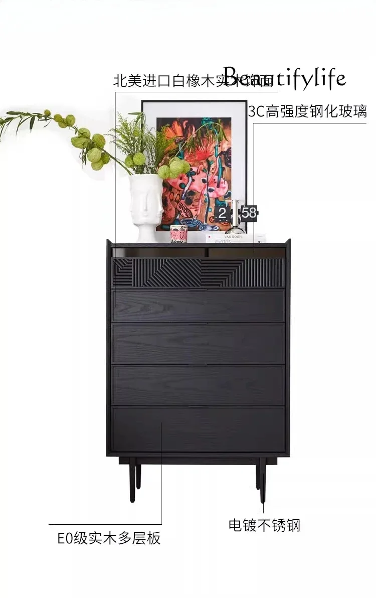vV Minimalist medieval dining side cabinet chest black solid wood striped drawer storage corner cabinet bedroom