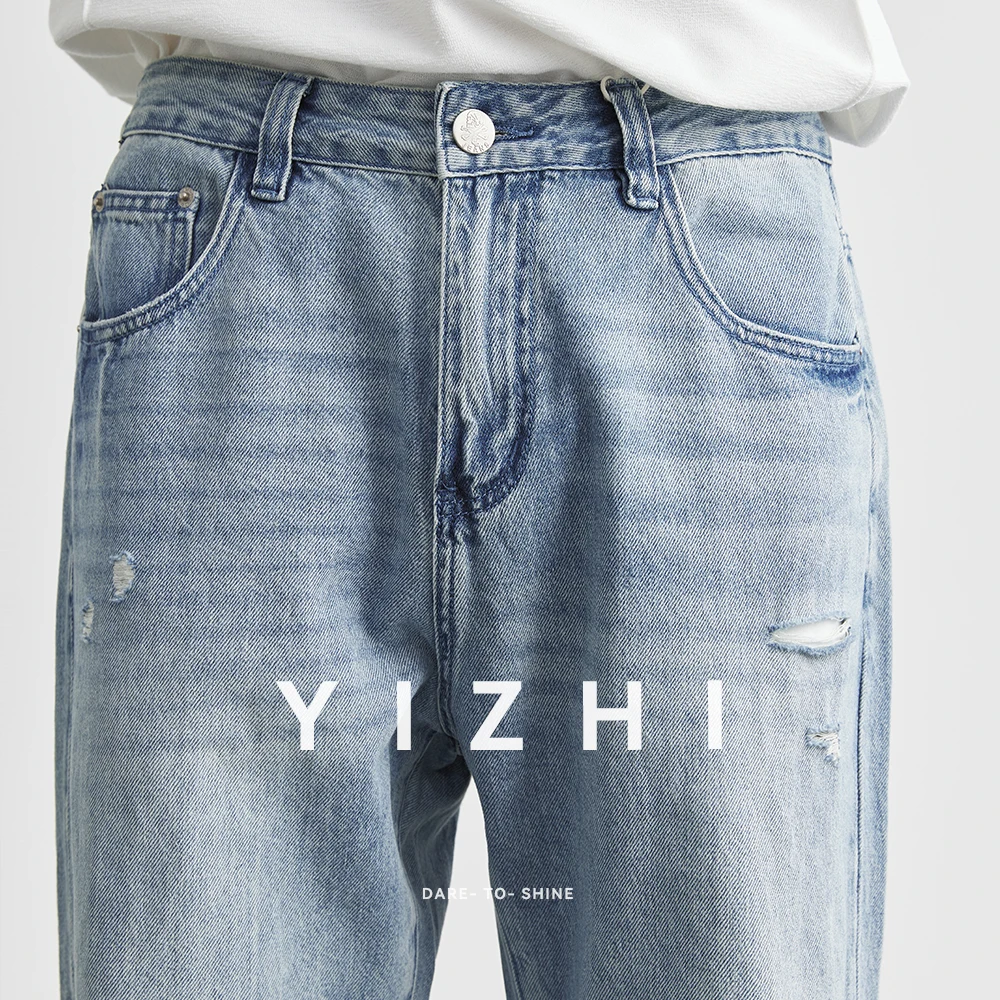 Men's Jeans Cotton Summer New American Micro-flared Loose Broken Copper Wide-leg Pants Casual Straight Thin Trousers Men Jeans