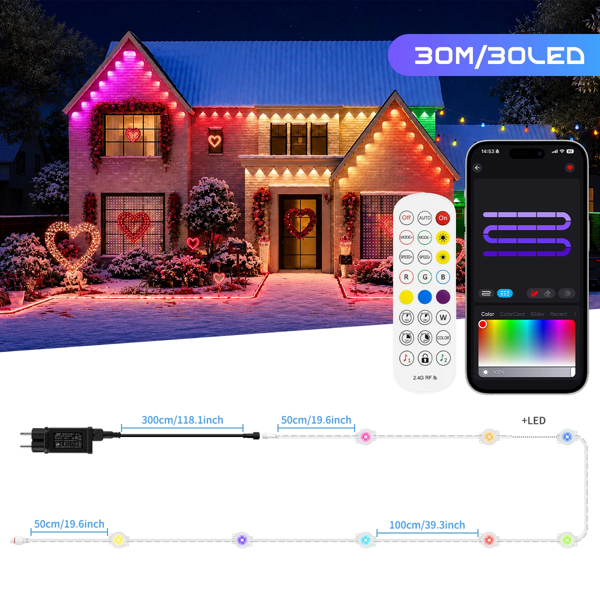 IP67 Permanente RGBIC-Außenbeleuchtung mit Smart-App & Fernbedienung, DIY-Szenenmodi, Musik-Synchronisation, Dachbeleuchtung für Feiertage, Partys und tägliche Hausdekoration