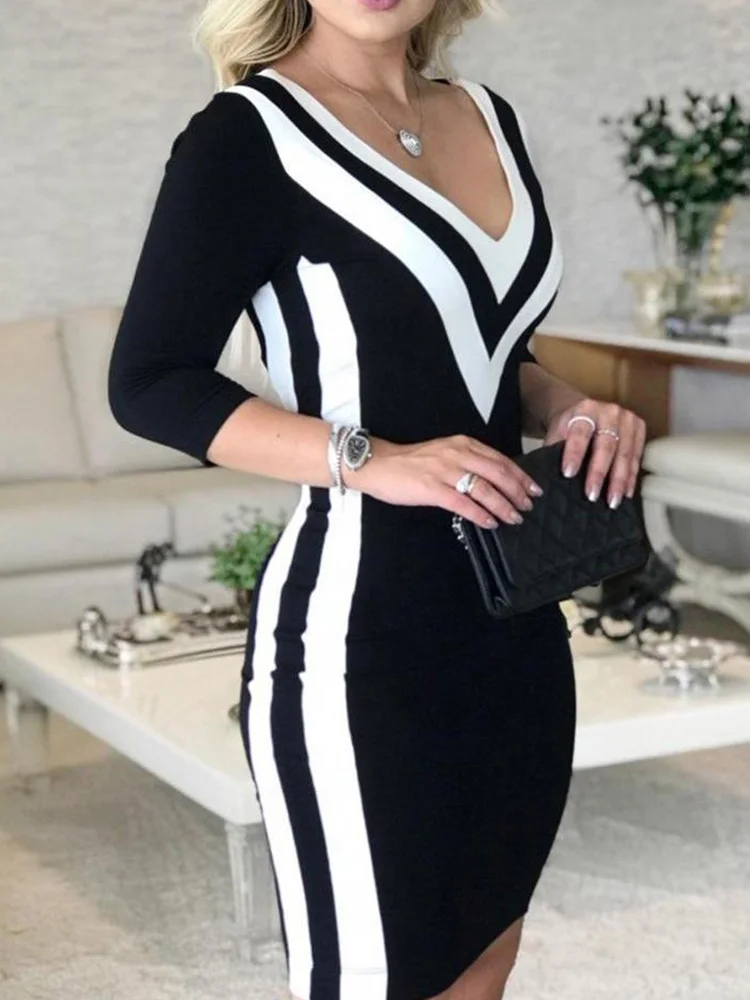 Sexy Deep V Ne Color Blo Butto Dr Damen Street Sle Midirock Autumn Faion Single Piece Full Sve Bodycon Dr