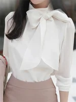 Femmes printemps été Style chemisiers en mousseline de soie chemises dame Casaul à manches longues blanc noir noeud papillon col haut Blusas 3