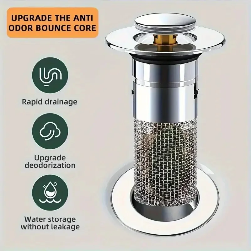 1pc Anti-Odor Bathroom Sink Plug Strainer Stainless Steel Pop-Up Drain Plug With Brass Core Bounce Filter Bathroom Accessories