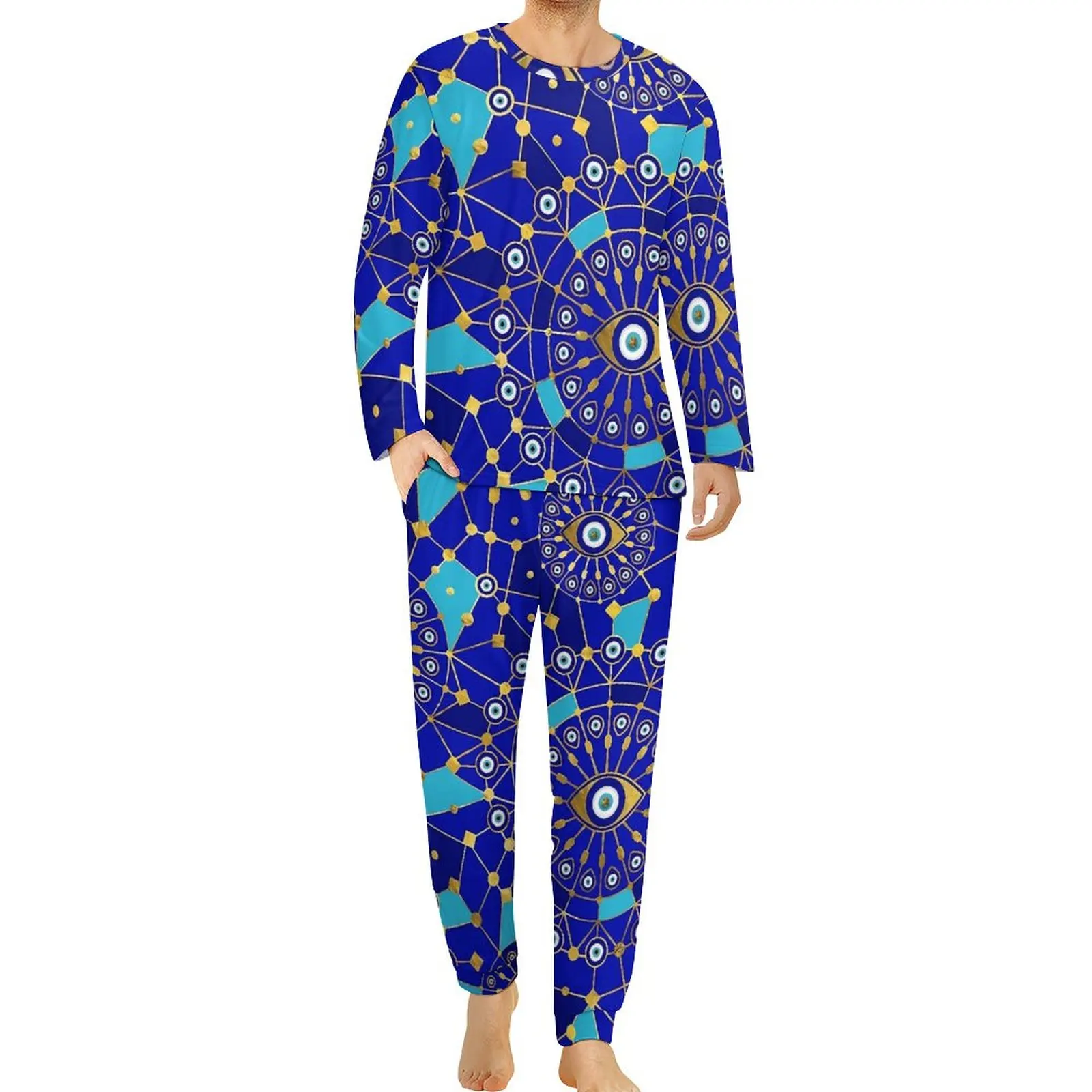 

Evil Eye Charm Pajamas Daily Two Piece Geometry Print Romantic Pajama Sets Male Long-Sleeve Room Graphic Sleepwear Big Size