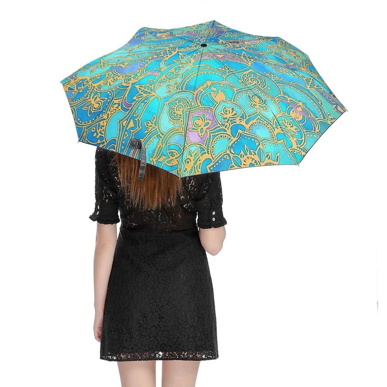 Boho Floral Print 3 Fold Auto Umbrella Blue Mandalas Carbon Fiber Frame Umbrella Sun and Rain Portable Umbrellas for Men Women