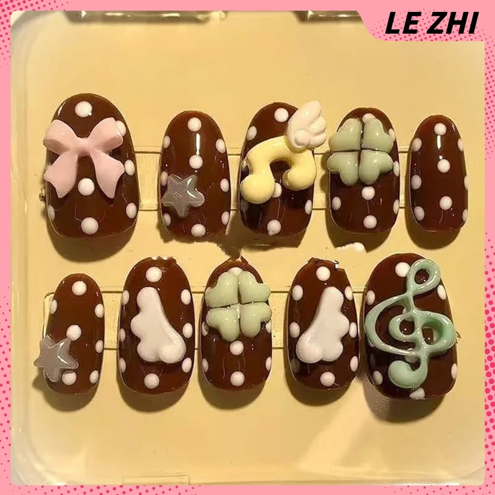 Cartoon Rilakkuma Handmade Long Coffin Almond Press On Nails Cute  Cookie Cake Bow Polka Point False Nail