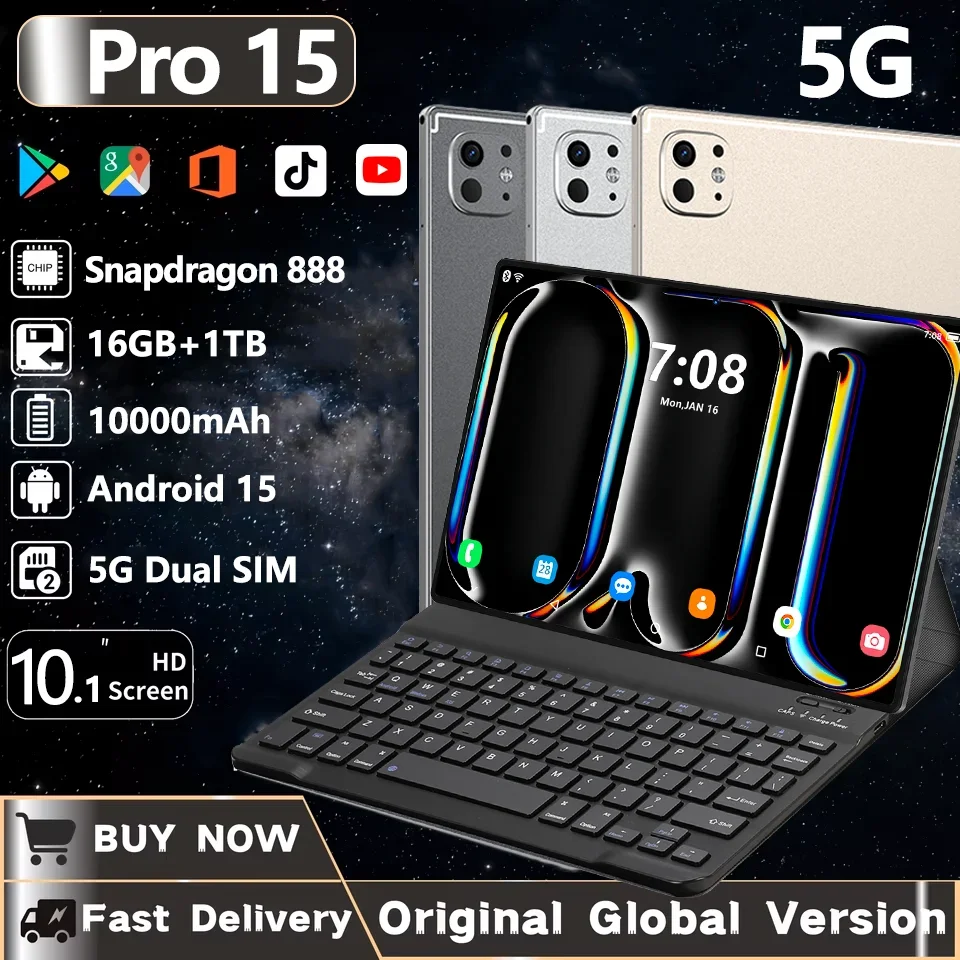 2025 Pro 15 Tablet Android 15 Küresel Tablet Sürümü Orijinal Tablet PC 10.1 inç HD Pad 16 GB + 1 TB 10000 mAh 5G Çift SIM WiFi GPS