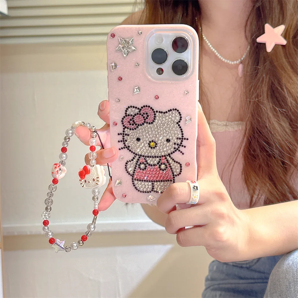 

Luxury Flash drill gem HelloKitty cartoon phone case for iPhone 11 12 13 14 15 16 Pro Max Plus 16E Cover Lovely Anti-fall Fundas