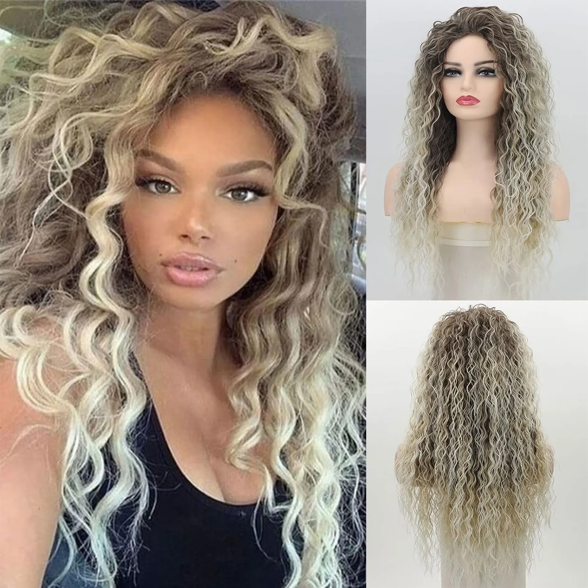Long Curly Wigs for Women Ash Blonde Curly Synthetic Wig Mixed Blonde Small Curly Wig Layered Ombre Blonde Daily Party Wig