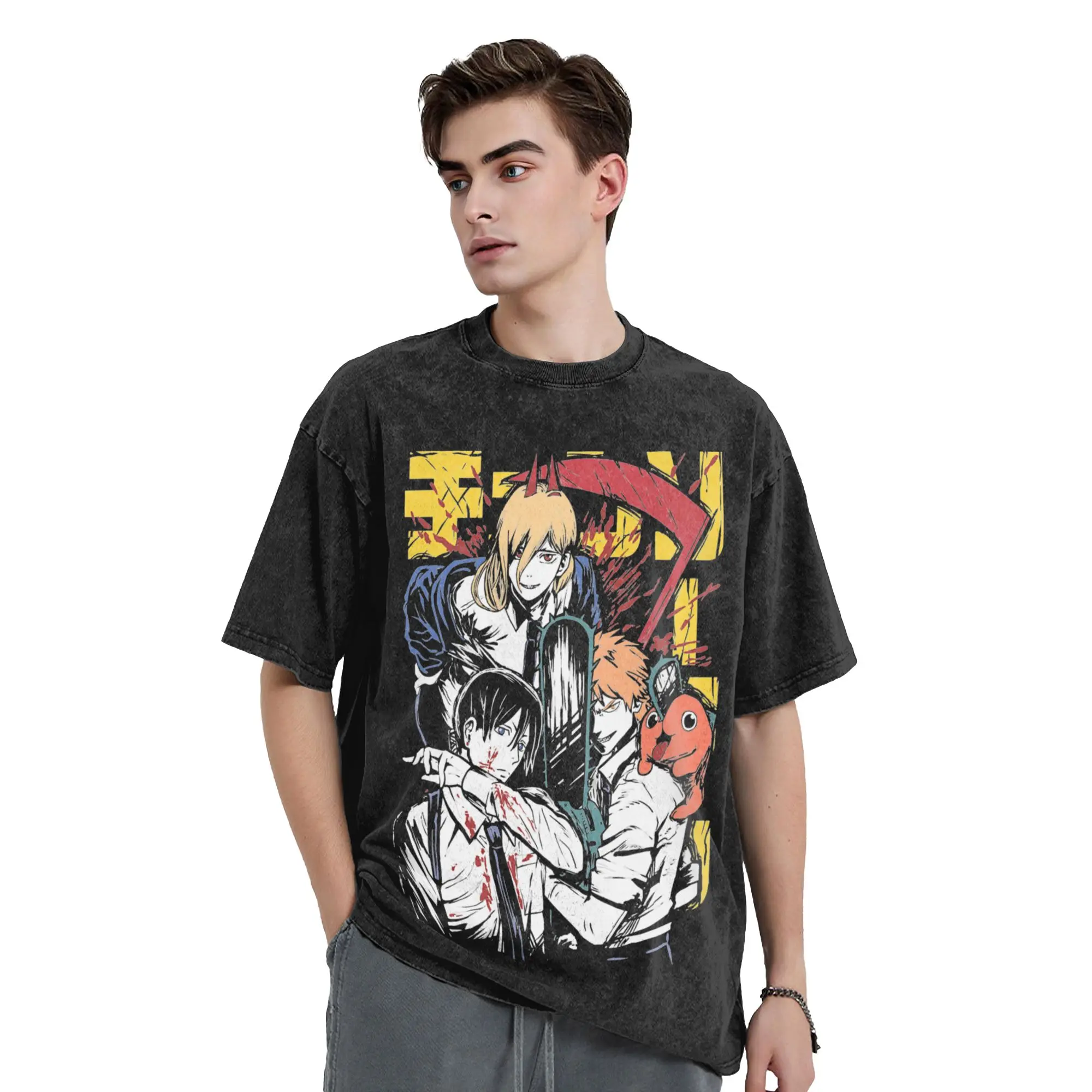 Funny Chainsaws Man Anime Vintage Washed Tshirts Men's Round Neck Short Sleeve Tops Monster 100%Cotton Summer Clothes