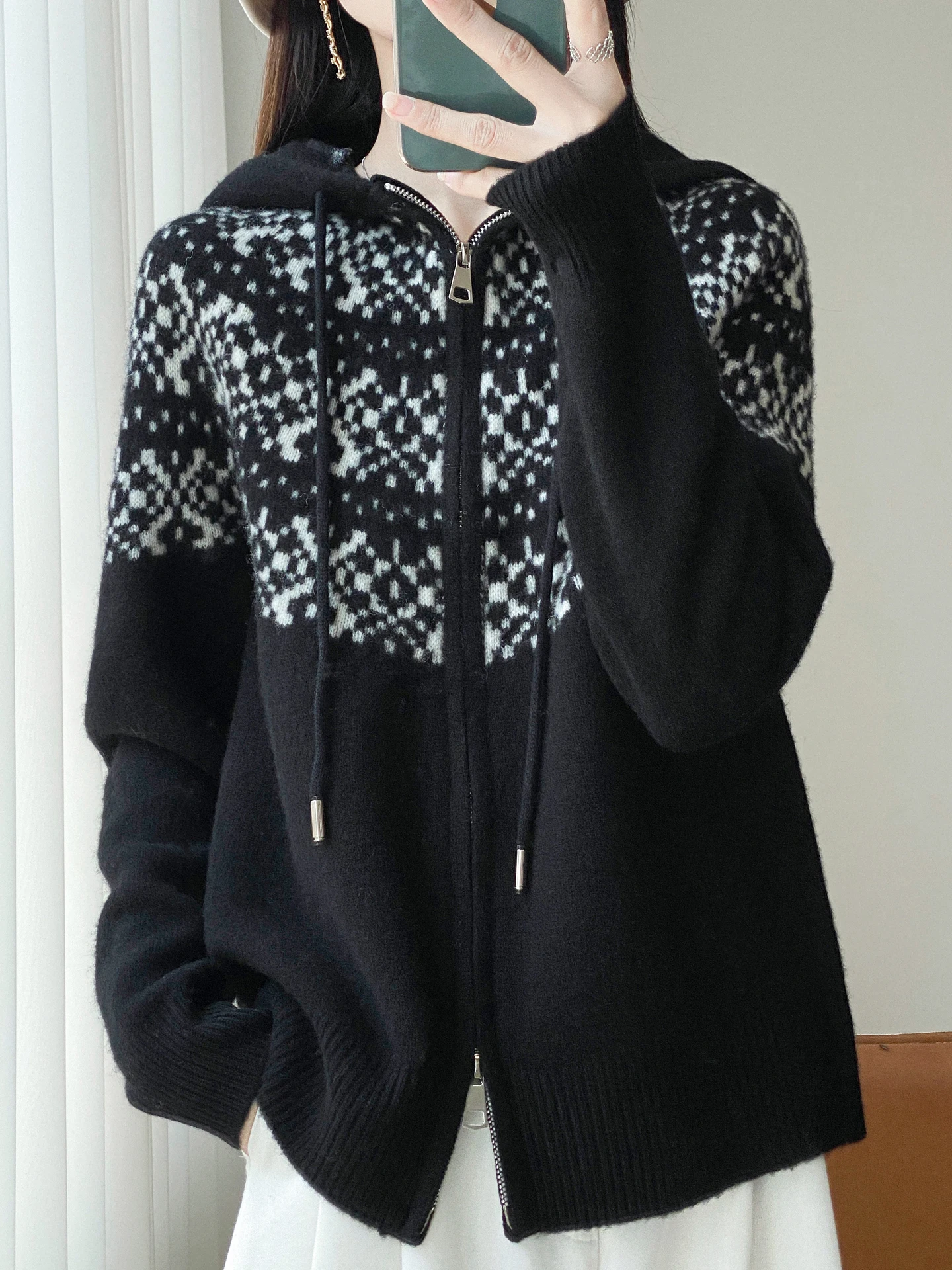 TLOML Women's 100% Merino Wool Hoodie Fair Isle Double Zipper Cardigan Autumn Winter Cashmere Knitwear Casual Soft Thicken Tops - view 3