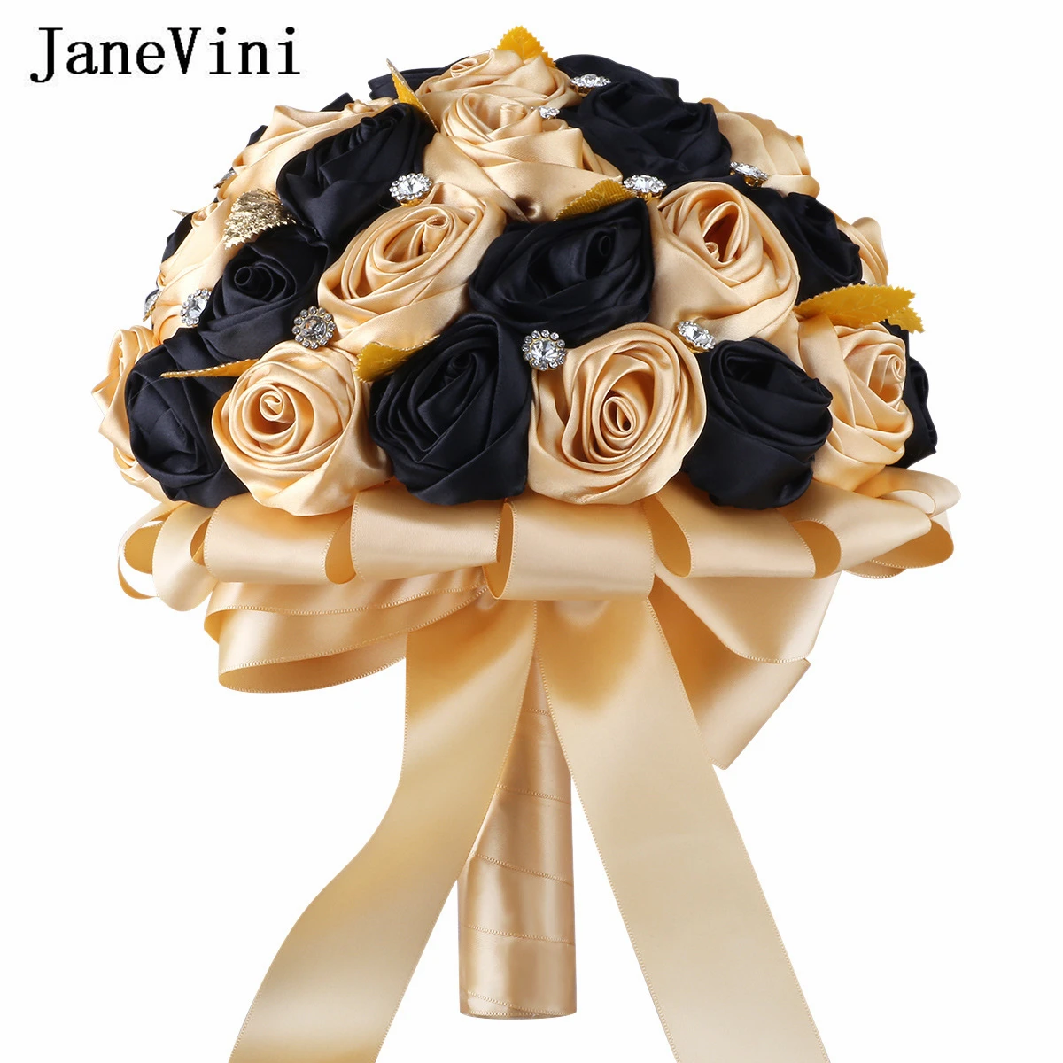 JaneVini 2024 Newest Black and Gold Wedding Bouquet Beaded Leaves Handmade Bridal Flowers Bride Bouquet Ramo Artificiales Boda