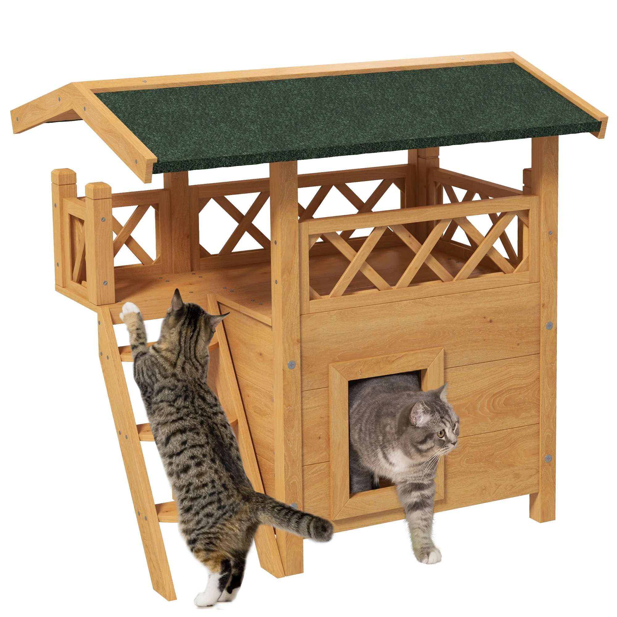 Pawhut Houten Kattenhuis 77X50X73 cm met Asfalt Dak Natuurlijke Ladder