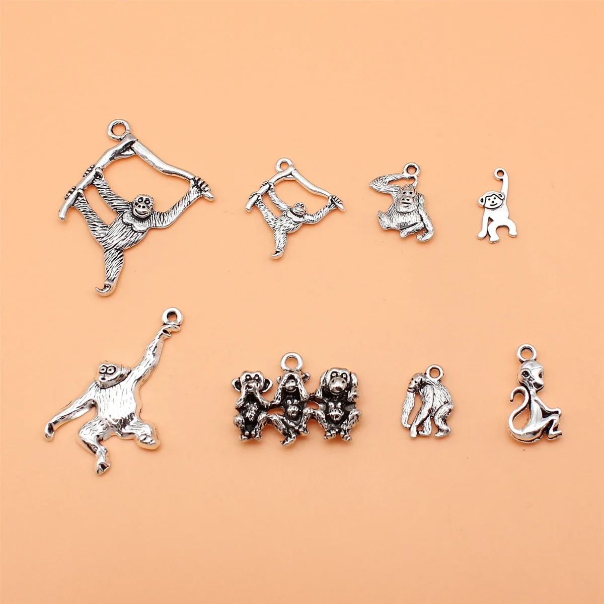 8pcs Antique Silver Color Monkey Charms Collection For DIY Jewelry Making, 8 Styles, 1 of Each