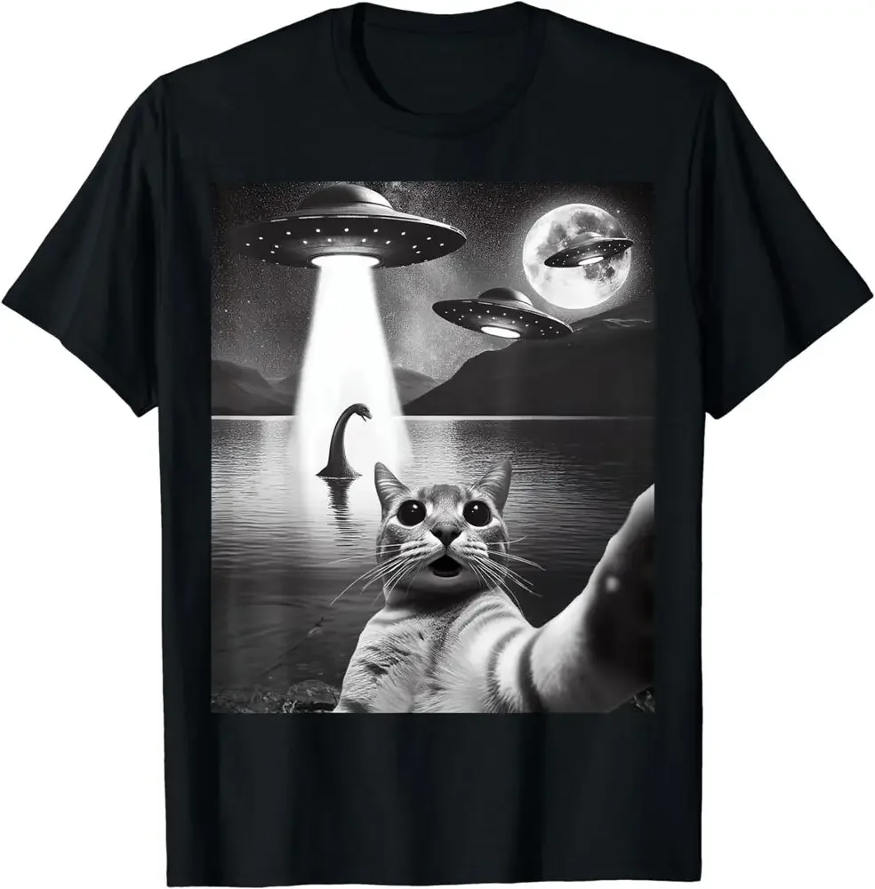 Funny Cat Selfie Flying Alien UFO Abducting Nessie Cryptid Tee  High Quality 100%Cotton Short Sleeve