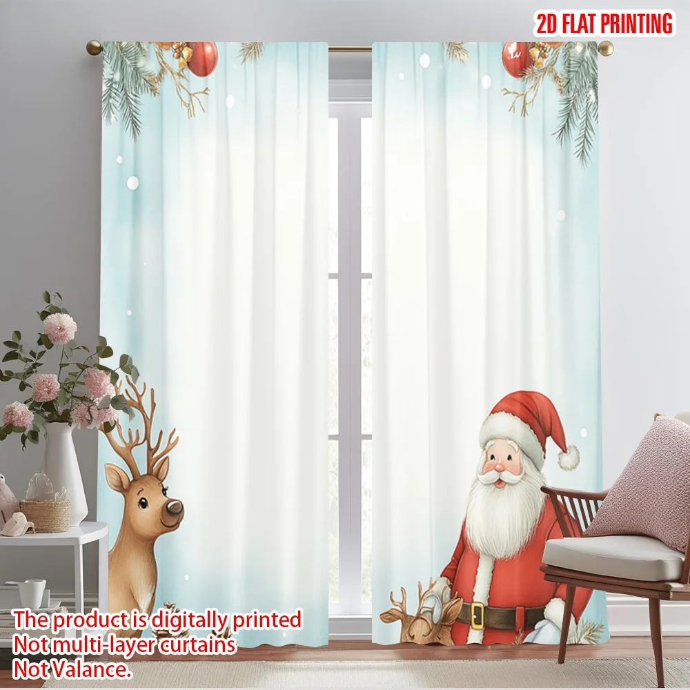 2pcs,2D plane printing Curtain Fabric Cute Santa Reindeer Christmas Versatile Polyester Fabric (without rod) Gifts Use for
