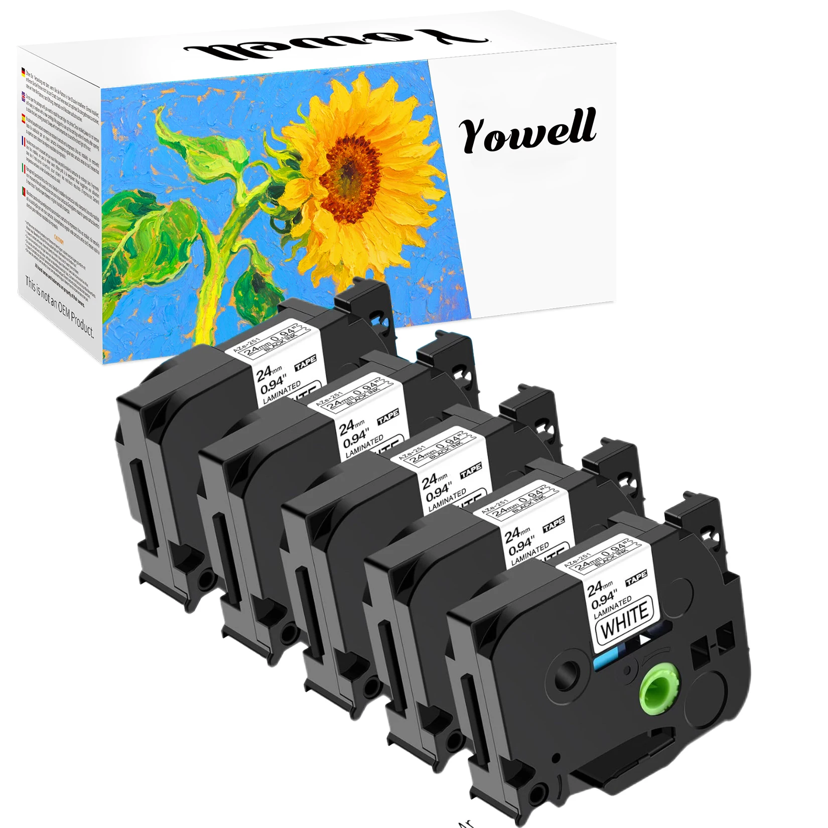 Yowell 5x étiquettes continues blanches TZe-251 (24 mm x 8 m) compatibles avec Brother TZe-251 pour les étiqueteuses P Touch - PT-D600, PT-D600VP