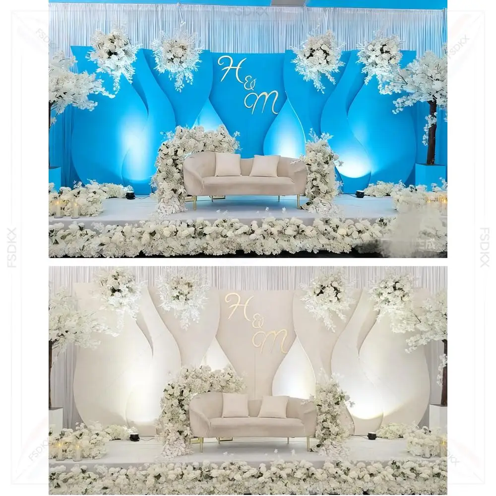 

FSDKX Pure White Square Wedding Stage Backdrop Decoration Set Wed Party Decoration LED Pvc Curve Backdrop Panel