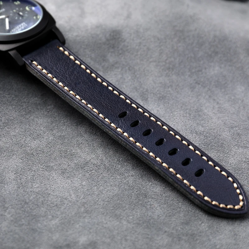 Head Layer Cowhide Leather Strap 22 24 26MM Navy Blue Folded Hand-Stitched Bracelet Suitable For Military Watches Bronze