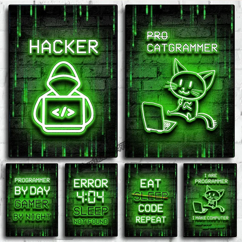 IT Programmer Coder Neon Gamer Day Night Poster Hacker Computer Hacking Wall Art Canvas Painting Print Picture Home Room Decor