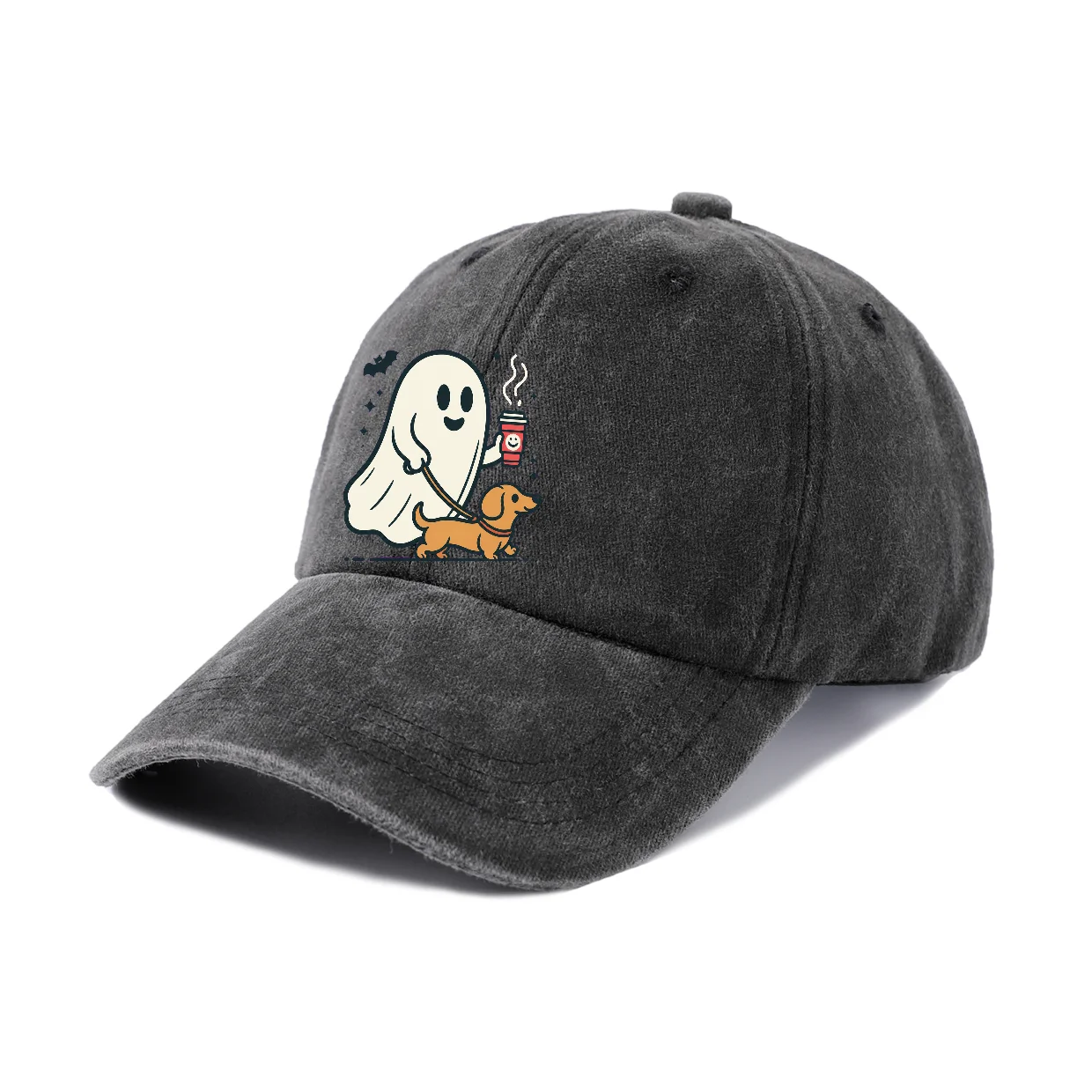 Adjustable Unisex Ghost Dog Coffee Graphic Baseball Cap, Vintage Washed Dad Hat, Funny Halloween Party Gift