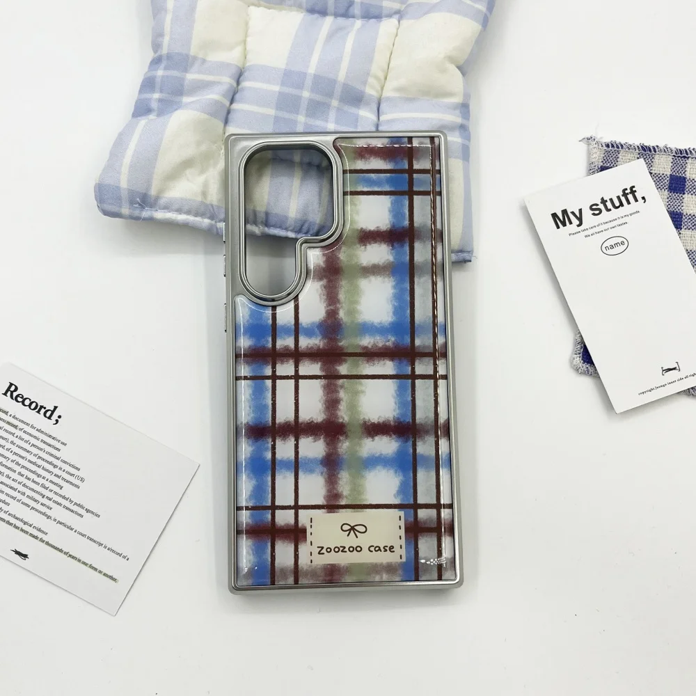 Korean Vintage Checkers Pattern Electroplated Drip Glue Phone Case For Samsung Galaxy S23 S24 FE Plus Ultra S25 S26 EDGE Cover