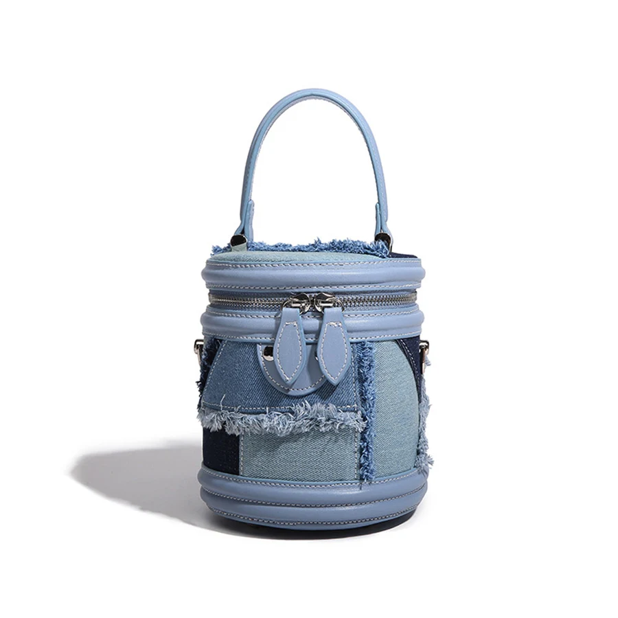 

Vintage Denim Bucket Bag Zip Women Handbags Retro Style Patchwork Designer Clutch Purse Adjustable Strap Shoulder Crossbody Bags