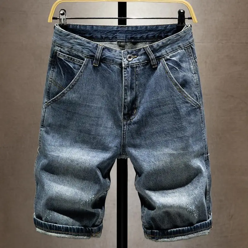 Denim Shorts Men's Summer Workwear Trendy Loose Straight Tube Half Pants Pocket Thick Blue