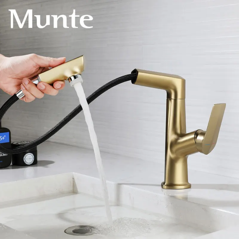 Brushed gold pull-out rotating adjustable bathroom balcony laundry basin hot and cold faucet single hole dual-mode water outlet