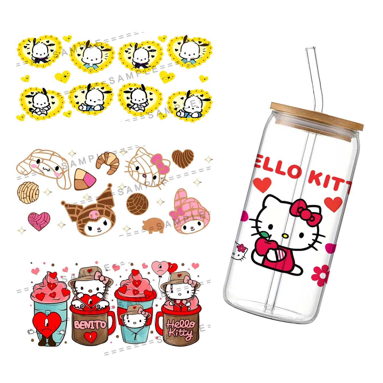 Sanrio Valentine's Day Theme For Libbey 16oz Can Glass 3D Waterproof UV DTF Coffee Can Wrap Libbey Glass Wrap