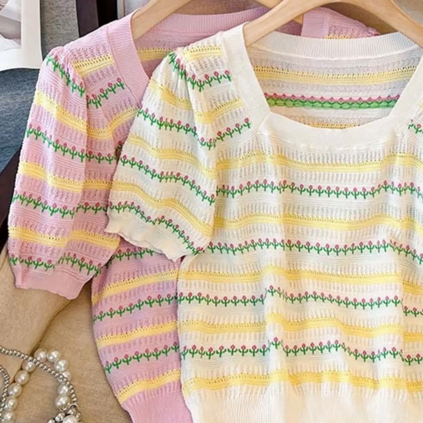 

Women Clothing Summer Short-sleeved Sweaters Knit Pullover Loose Striped Knitwear Lightweight Tops Vintage T Shirts Vintage