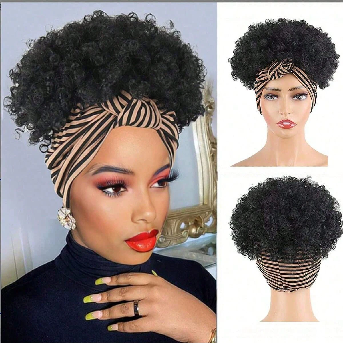 Black Headband Wigs For Women Afro Kinky Curly Wig With Synthetic Short Hair Wigs With Headband Attached Headwrap Wigs